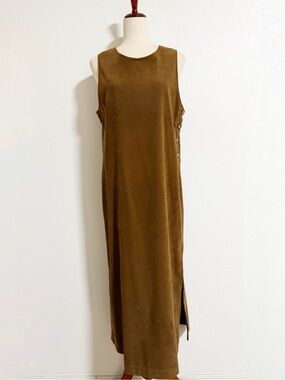 Vintage 90s Norm Thompson Side Button Faux Suede Maxi Dress Brown Size S